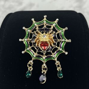 Enamel Rhinestone Spider Web Brooch Pin Glass Dangles Halloween Gothic